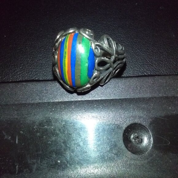 Sterling Ring Sz 8 Rainbow Calsilica Cabochon 925 Vintage - Picture 1 of 8